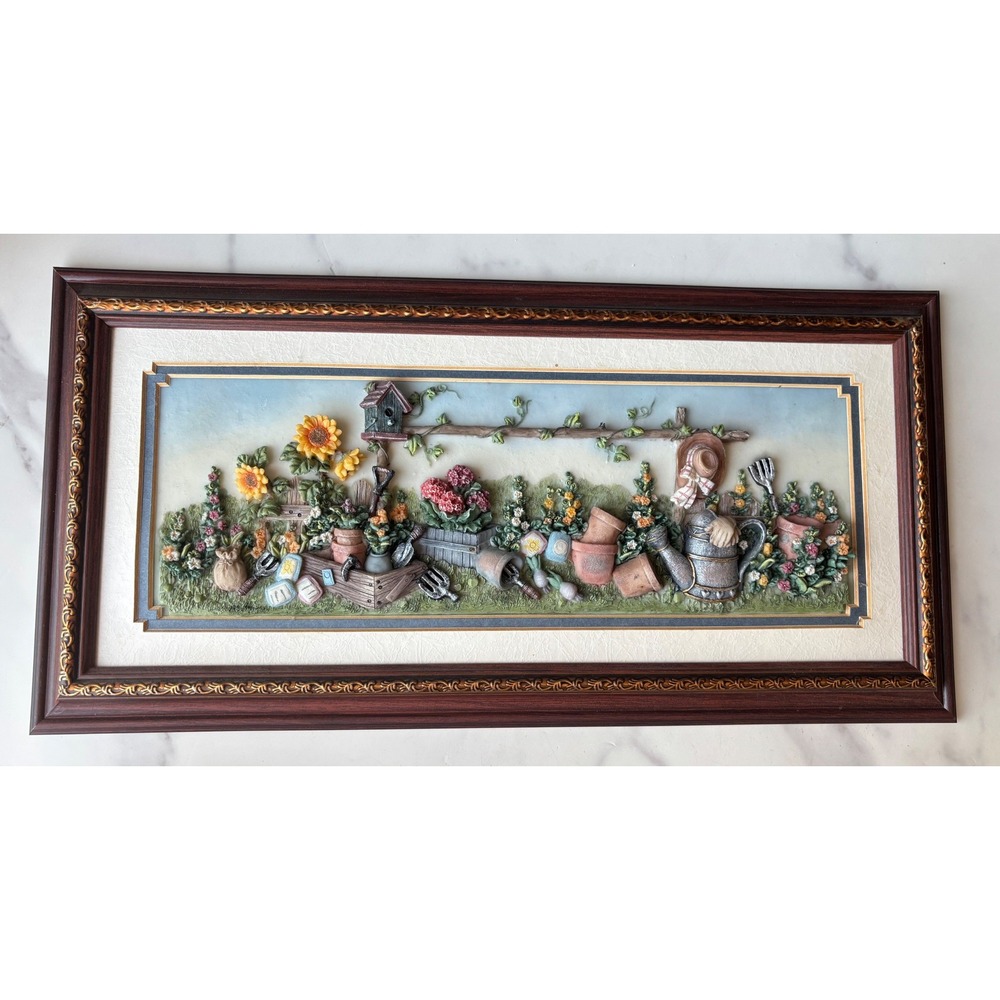 A Rodin Corp 3D Resin Garden Wall Art Plaque Framed Sunflowers Watering Can 16x8